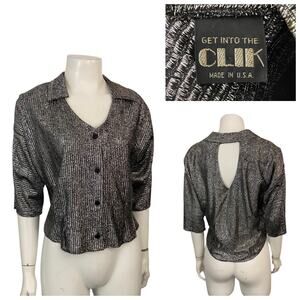 Vintage 90s Metallic Lurex Blouse Open Back USA Made Button Top L/XL -